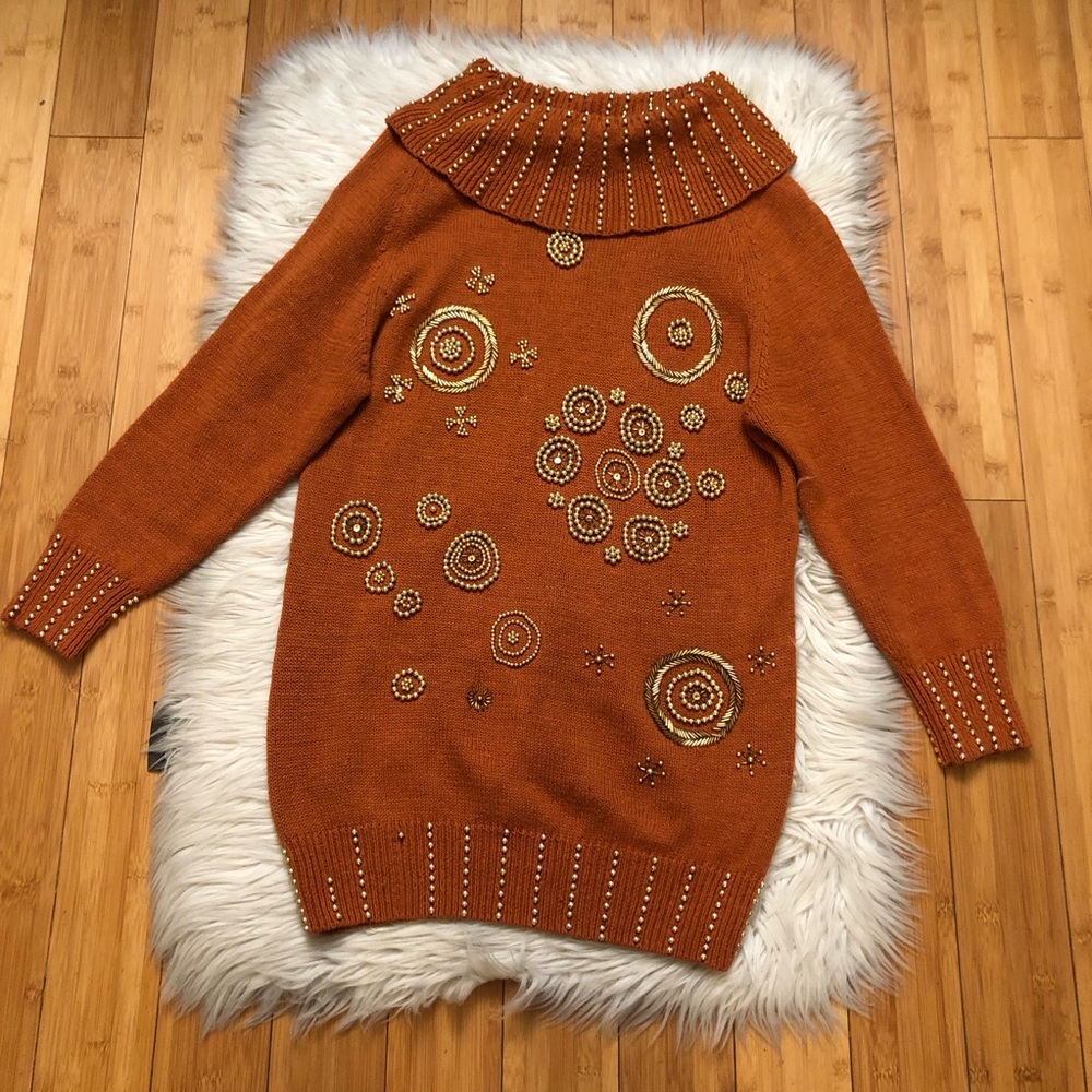 Vintage Victoria Harbour Beaded Cowl Neck Burnt Orange Brown Tunic Sweater L